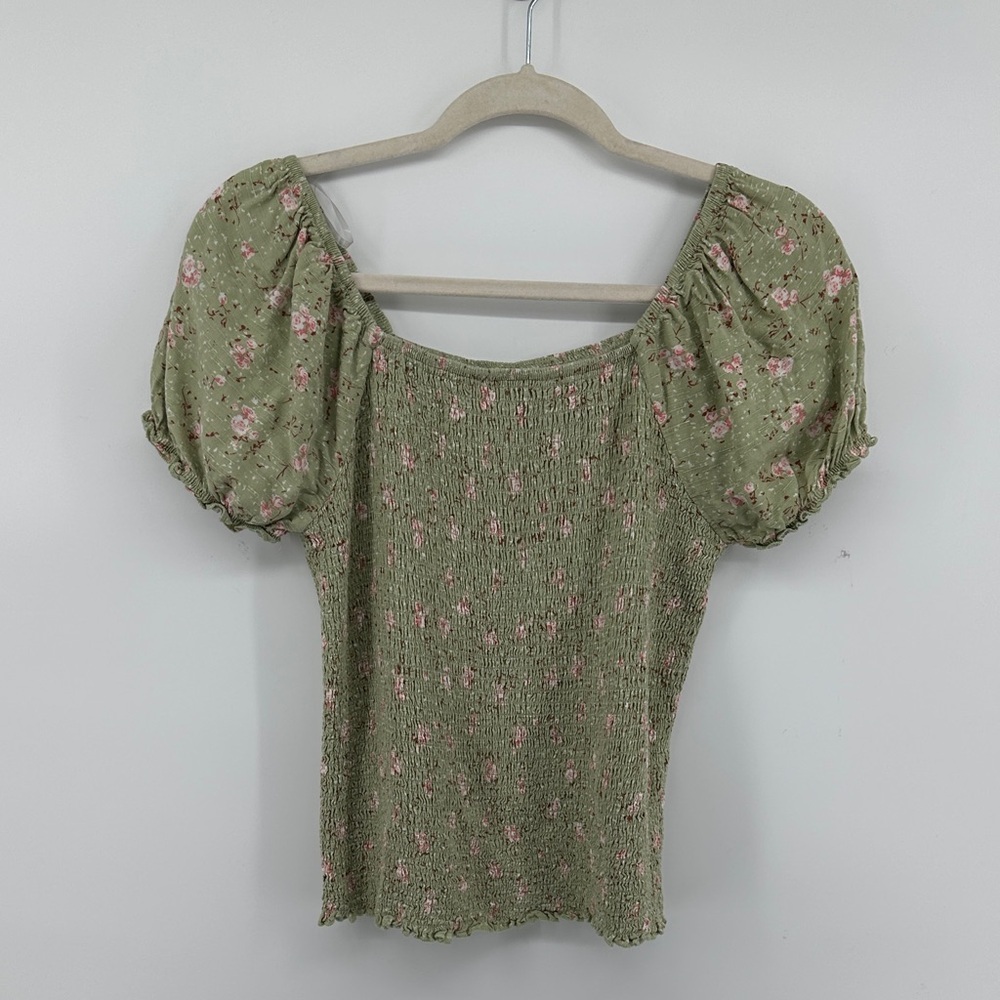 Art Class Fairycore Cottagecore Coquette Olive Floral Puff Sleeve Top Kids SzXXL